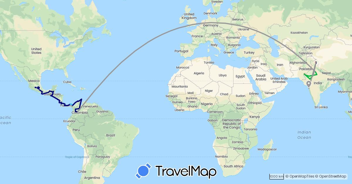 TravelMap itinerary: driving, bus, plane, hiking, boat in Colombia, Costa Rica, Guatemala, India, Mexico, Nicaragua, Panama (Asia, North America, South America)